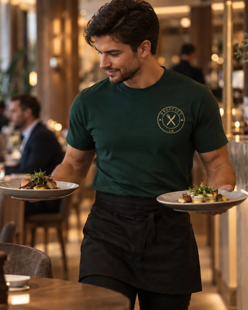 Servitör som bär två tallrikar genom en matsal