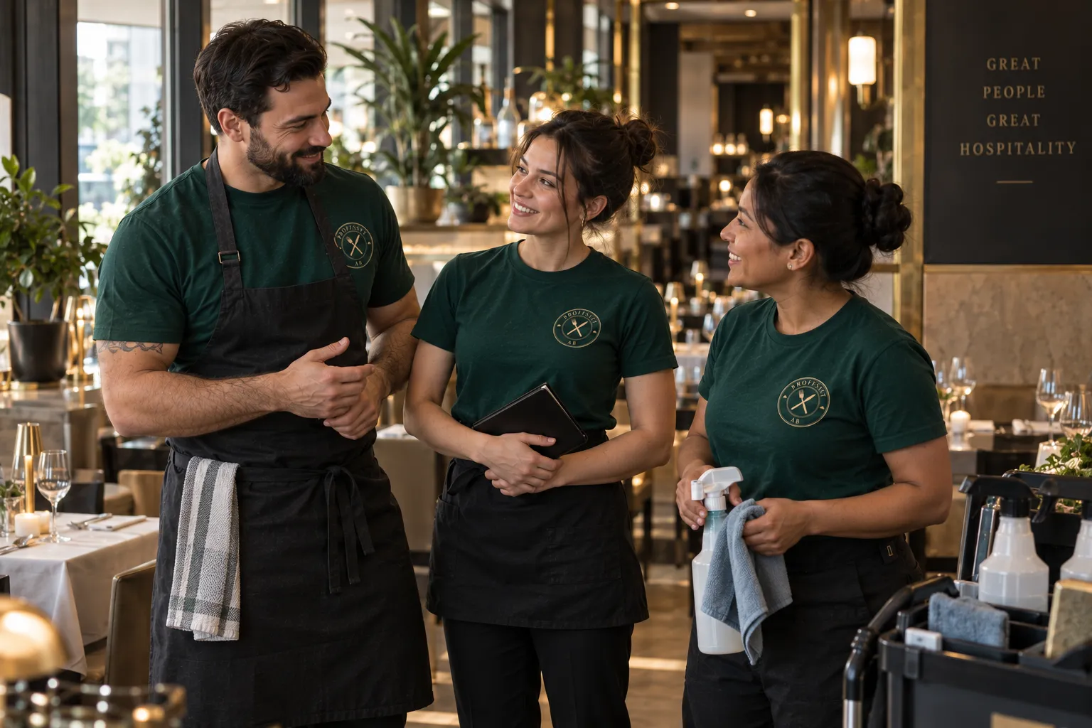 Tre restaurangmedarbetare står och pratar i en matsal före öppning
